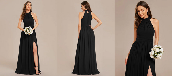 Halter Straps Sleeveless Pleated A-Line High Slit Maxi Bridesmaid Dress