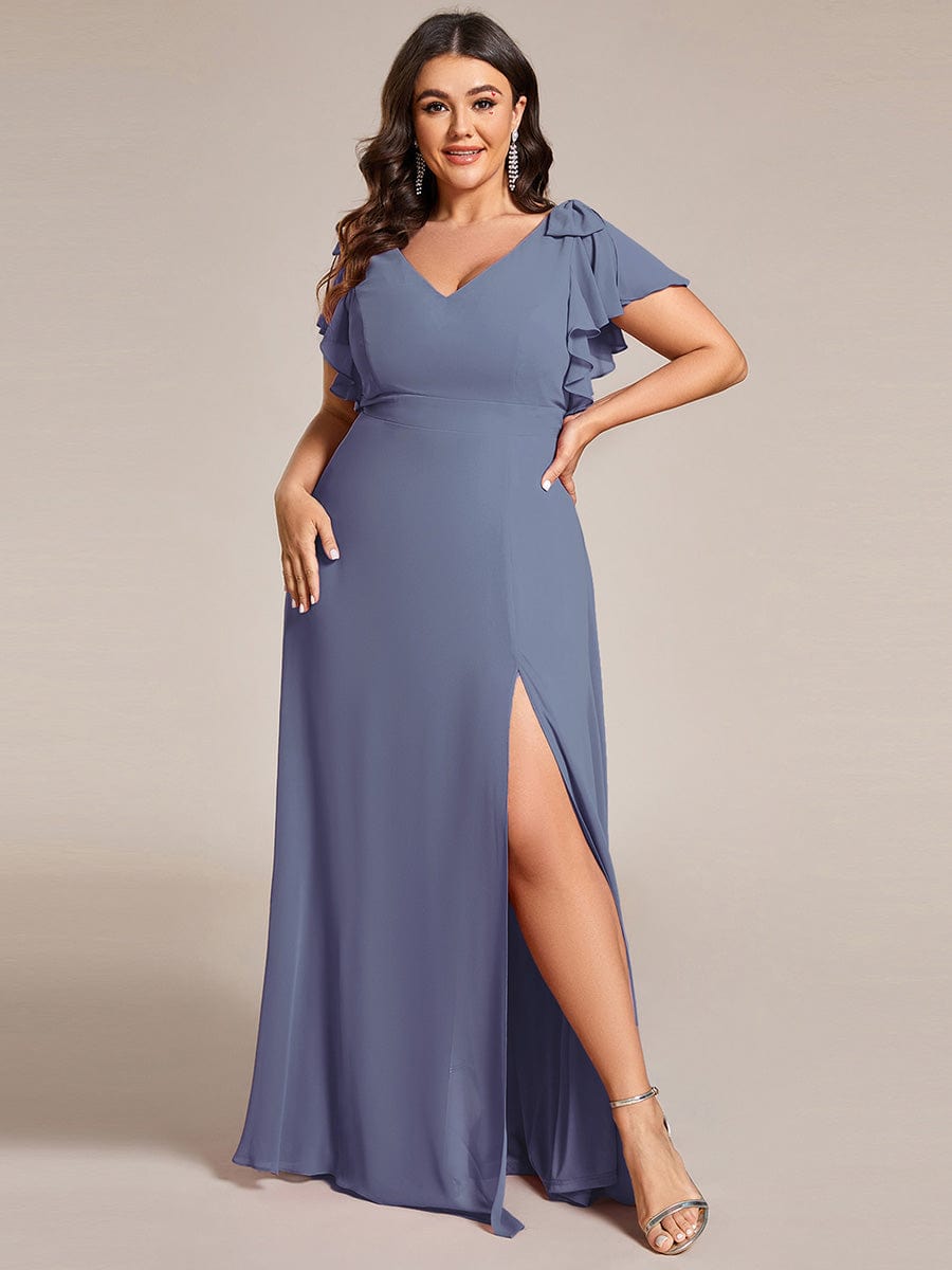 Plus Size Split Ruffles Sleeves with Bowknot Double V-neck Chiffon Bridesmaid Dress