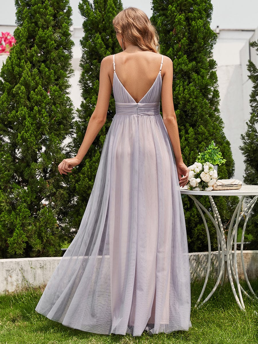 High-Waisted Backless See-Through Tulle Bridesmaid Dress with V-Neck