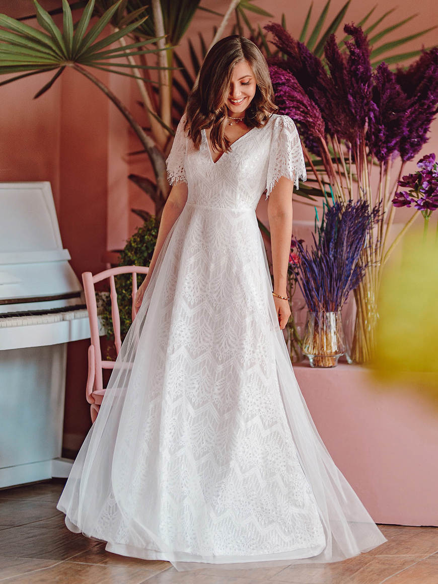 Elegant-Simple-Deep-V-Neck-A-Line-Lace-Wedding-Dress
