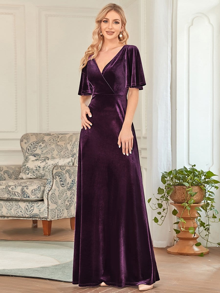 Elegant Double V-Neck Velvet Formal Evening Dress with Long Sleeves