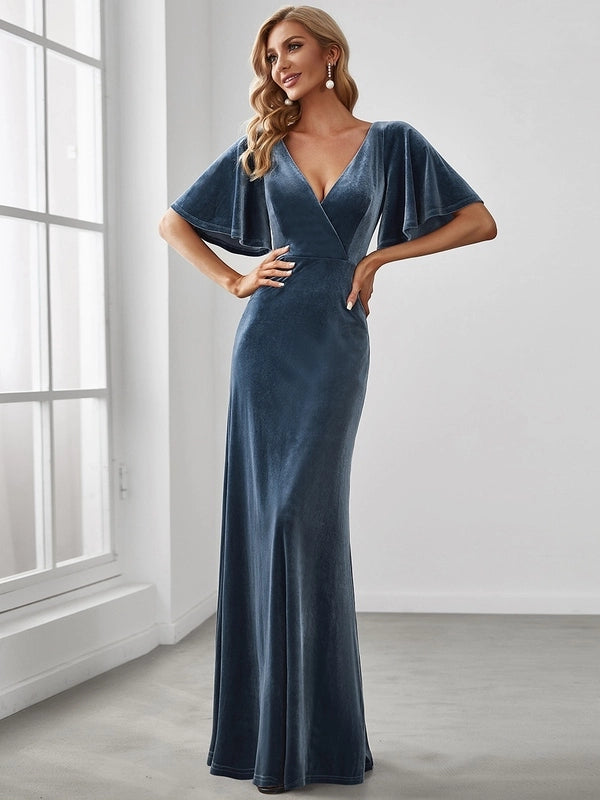 Elegant Double V Neck Velvet Party Dress with Sleeves