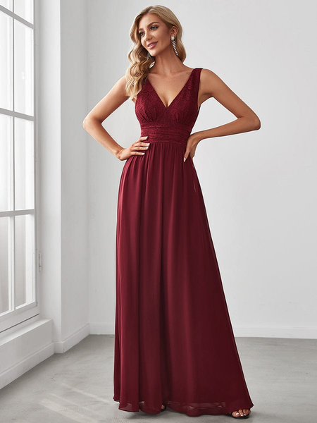 Elegant Lace and Chiffon V-Back Formal Evening Dress