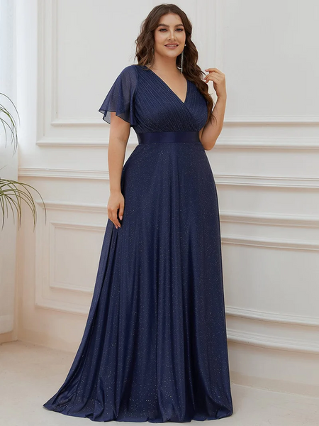 Ever-Pretty Plus Size Glitter V Neck Ribbon Waist Formal Wedding Guest Dress With Sleeves