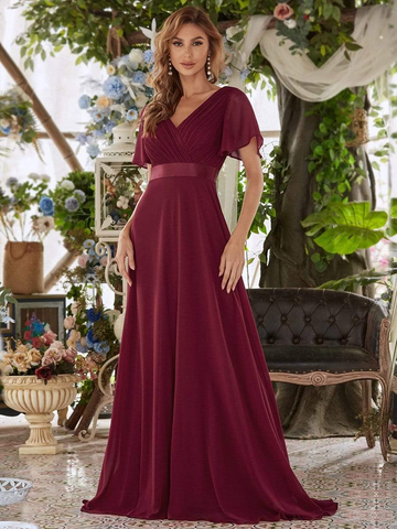 Long Chiffon Empire Waist Choir Dress with Short Flutter Sleeves