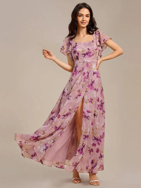 Floral Print Side Split Maxi Formal Wedding Guest Dress