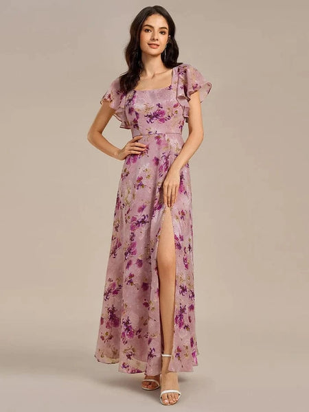 Light Purple Floral Side Split Maxi Formal Wedding Guest Dress