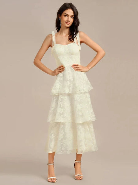 Tiered Yellow Midi Dress with Shoulder Bows