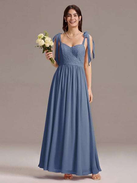 Chiffon Sweetheart Neck Bow Tie Backless A-Line Lace Bridesmaid Dress