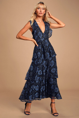 Molinetto Plus Size Navy Blue Lace Ruffled Tiered Sleeveless Maxi Dress