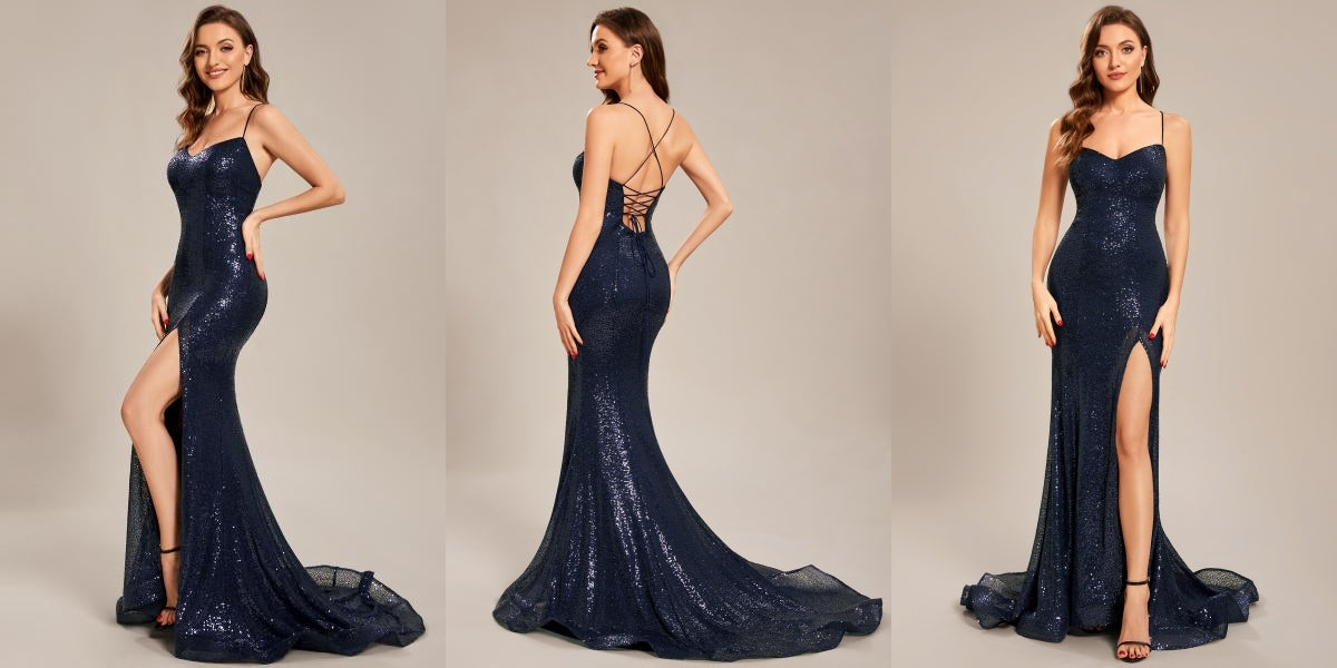 Navy Blue Sequin Lace-up Back High Slit Mermaid Prom Dress