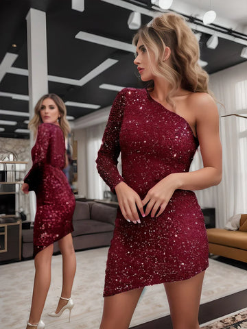 One Shoulder Long Sleeve Sequin Bodycon Homecoming Dress