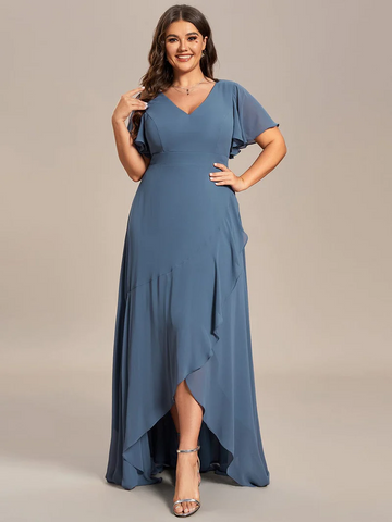 Plus Size Elegant Lotus Sleeves Chiffon Wedding Guest Dress