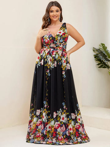Plus Size Sleeveless V-Neck Chiffon Semi Formal Printed Maxi Dress