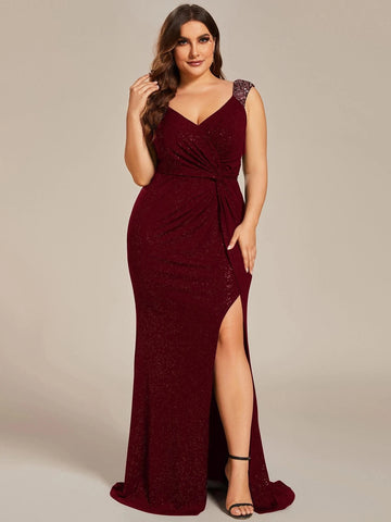 Plus Size V-Neck Sequin Evening Gown