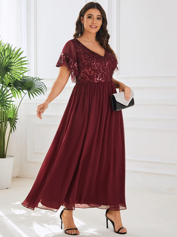 Plus Size V-Neck Short Sleeve Sequin Bodice Dress