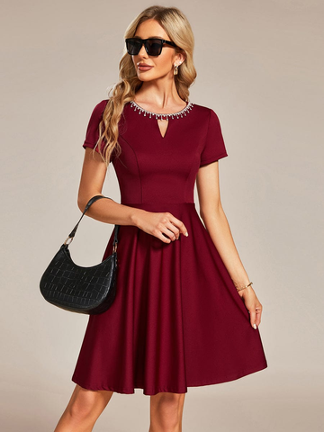 Rhinestone Neckline Short Sleeves A-Line Plus Size Cocktail Dresses