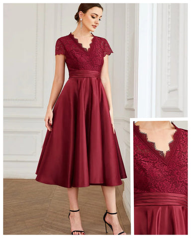 Romantic V-neck Lace Bodice Black Tie Wedding Guest Dress with Pockets