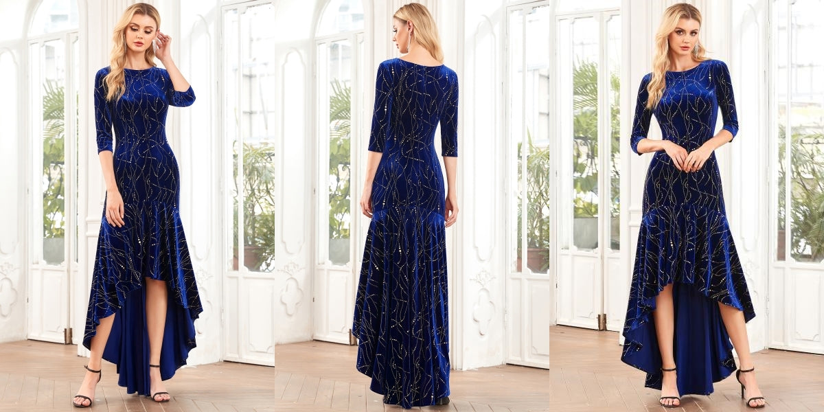 Royal Blue Women's Stylish Bodycon High-Low Velvet Party Dress