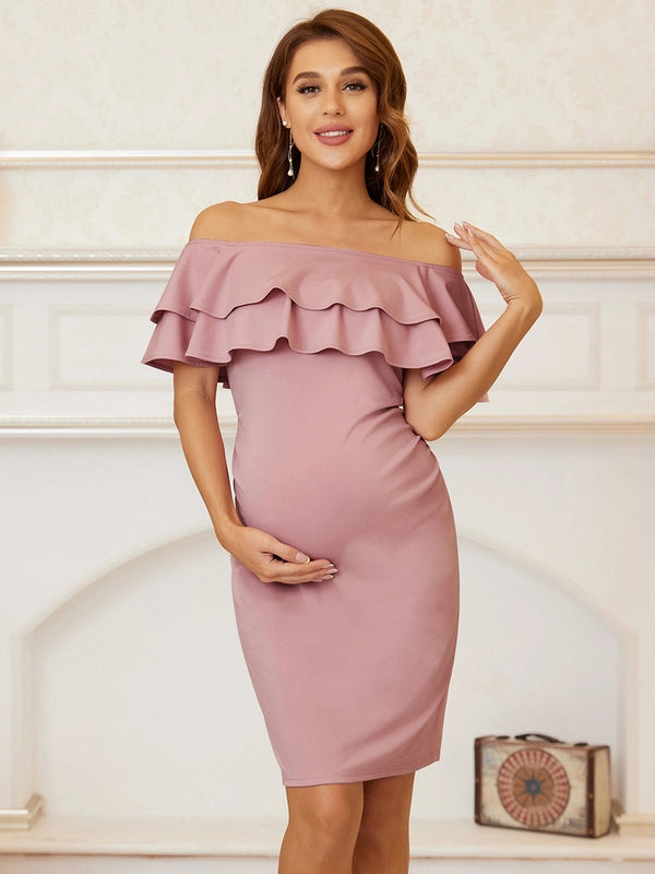 Ruffle Off-Shoulder Bodycon Maternity Dress