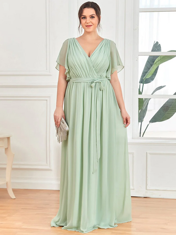 Sage Green Ruffle Pleated Chiffon Tie-Waist Mother Dress