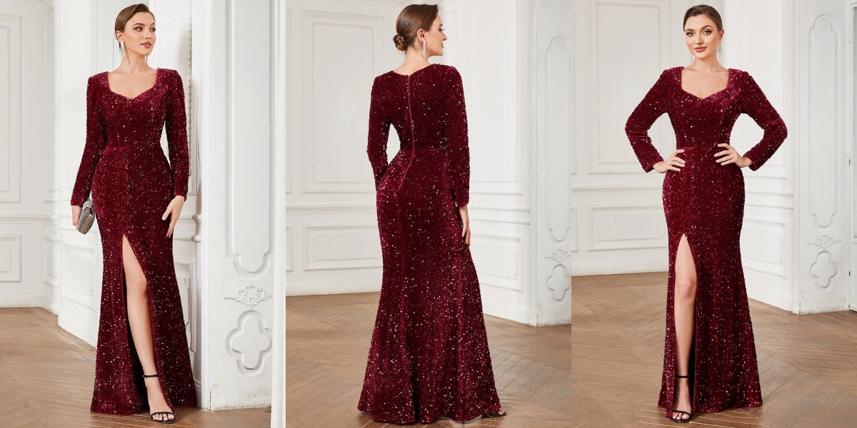 Shiny Long Sleeve Front Slit Beautiful Sequin Dress
