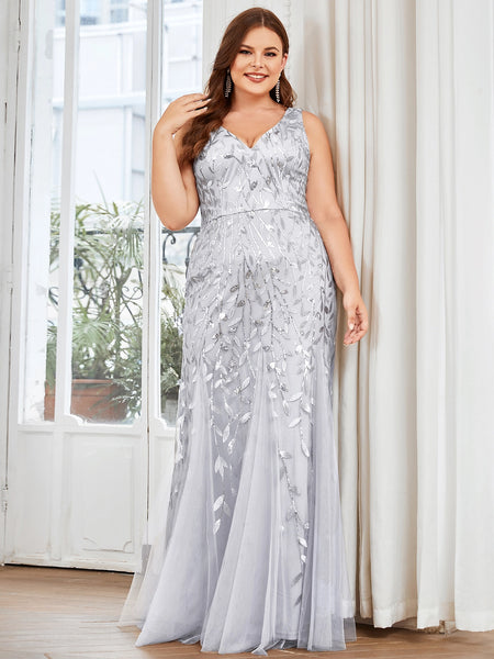 Silver Plus Size Sequin Evening Dress