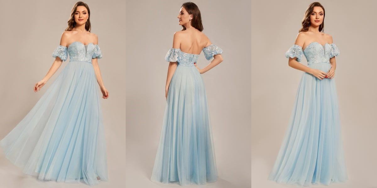 Sky Blue Puffy Sleeve Sweetheart Princess Style Tulle Formal Dress