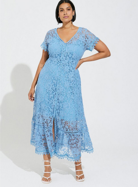 Torrid Maxi Embroidered Mesh Button Front Dress