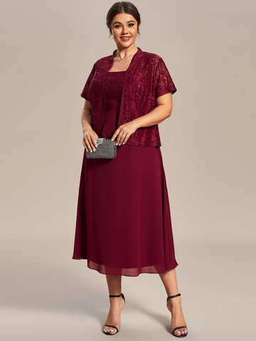 Two-Piece Square Neckline Midi Chiffon Dress with Lace Cardigan