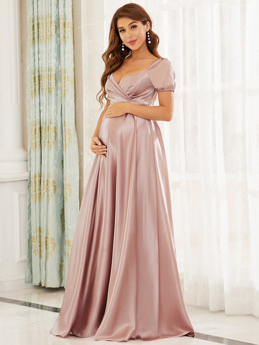 V-Neck-Floor-Length-Elegant-Short-Sleeves-Maternity-Dress