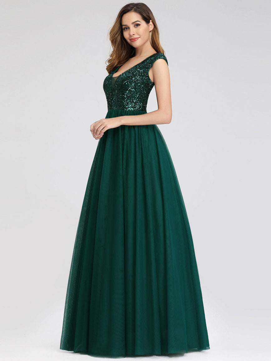 glitter knit spaghetti strap gown with pockets