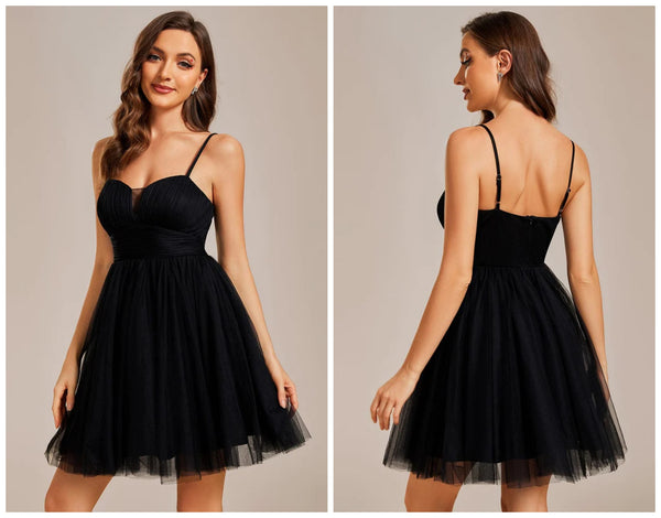Dreamy Spaghetti Strap Tulle Short Pleated Black Homecoming Dress