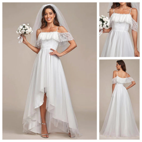 Cold Shoulder Lace High-Low Simple Wedding Dress