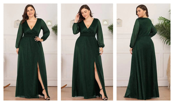 Plus Size V-Neck Holiday Dress with Shiny Puff Sleeves