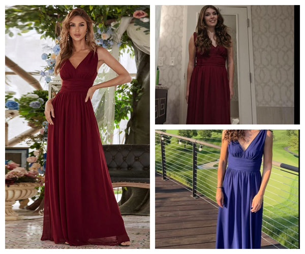 Sleeveless V-Neck Plain Chiffon Maxi Formal Dresses for Wedding Guest