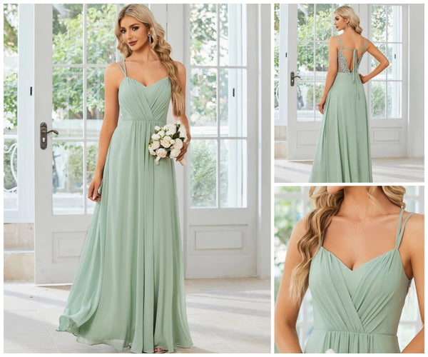 Sage Green Open Back Spaghetti Straps Bridesmaid Dress