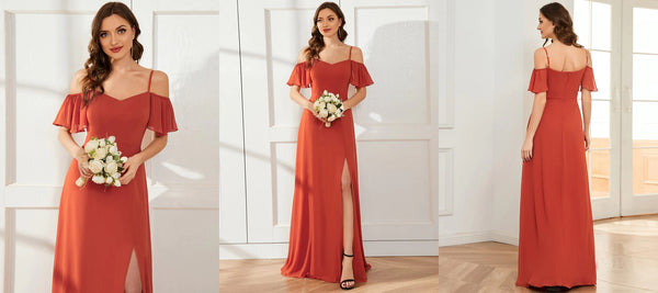 Cold Shoulder Flare Sleeves Flowy Bridesmaid Dress