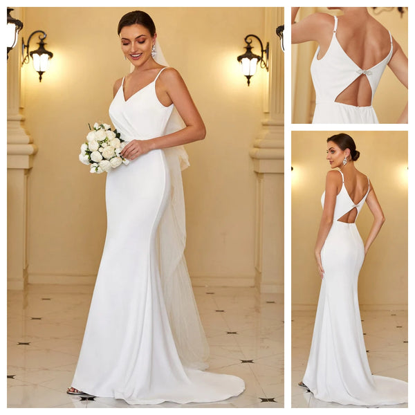 V-Neck Spaghetti Strap Cut-Out Back Sequin Fishtail wedding Dress