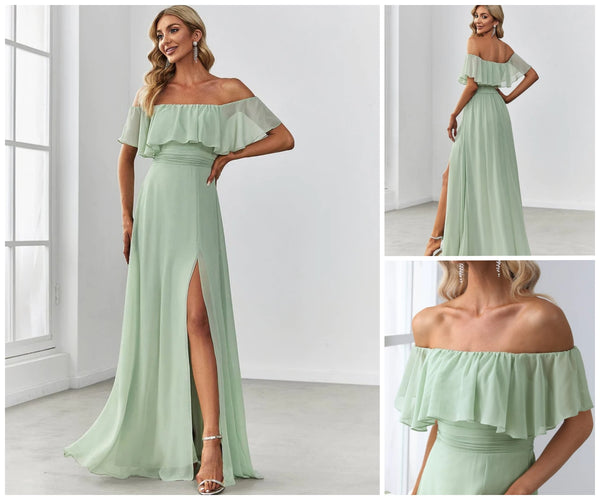 Sage Green Off Shoulder Ruffle Thigh Slit Bridesmaid Dresses
