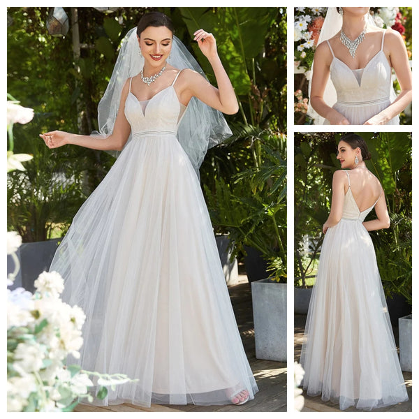 Lace V-Neck Spaghetti Strap Empire Waist Tulle Simple Wedding Dress