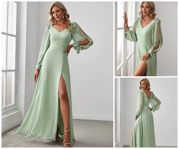 Sage Green Open Lantern Sleeve A-Line Bridesmaid Dress