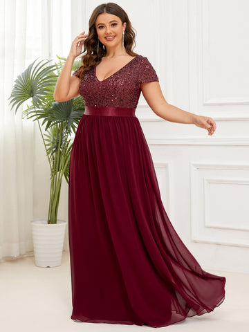 Sleeveless V-Neck Empire Waist High Slit Floor-Length Evening Dress