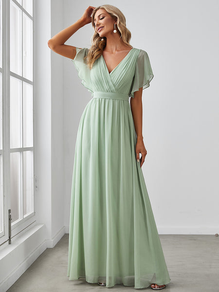 Sage Green A-Line Pleated Chiffon Tie-Waist Bridesmaid Dress