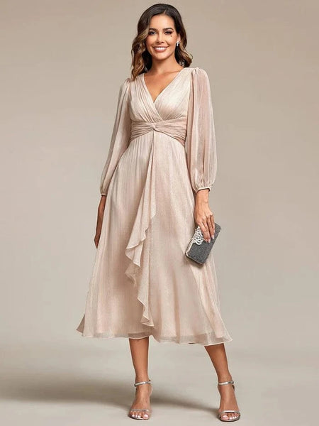 See-Through Long Sleeve Twist Knot A-Line Lotus Leaf Shimmering Mother of the Bride Dresses