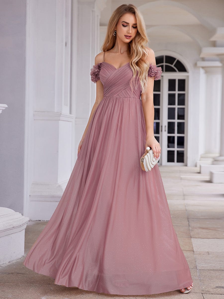 Sparkling V-Neck Floral Cold-Shoulder Evening Dress with Pleated