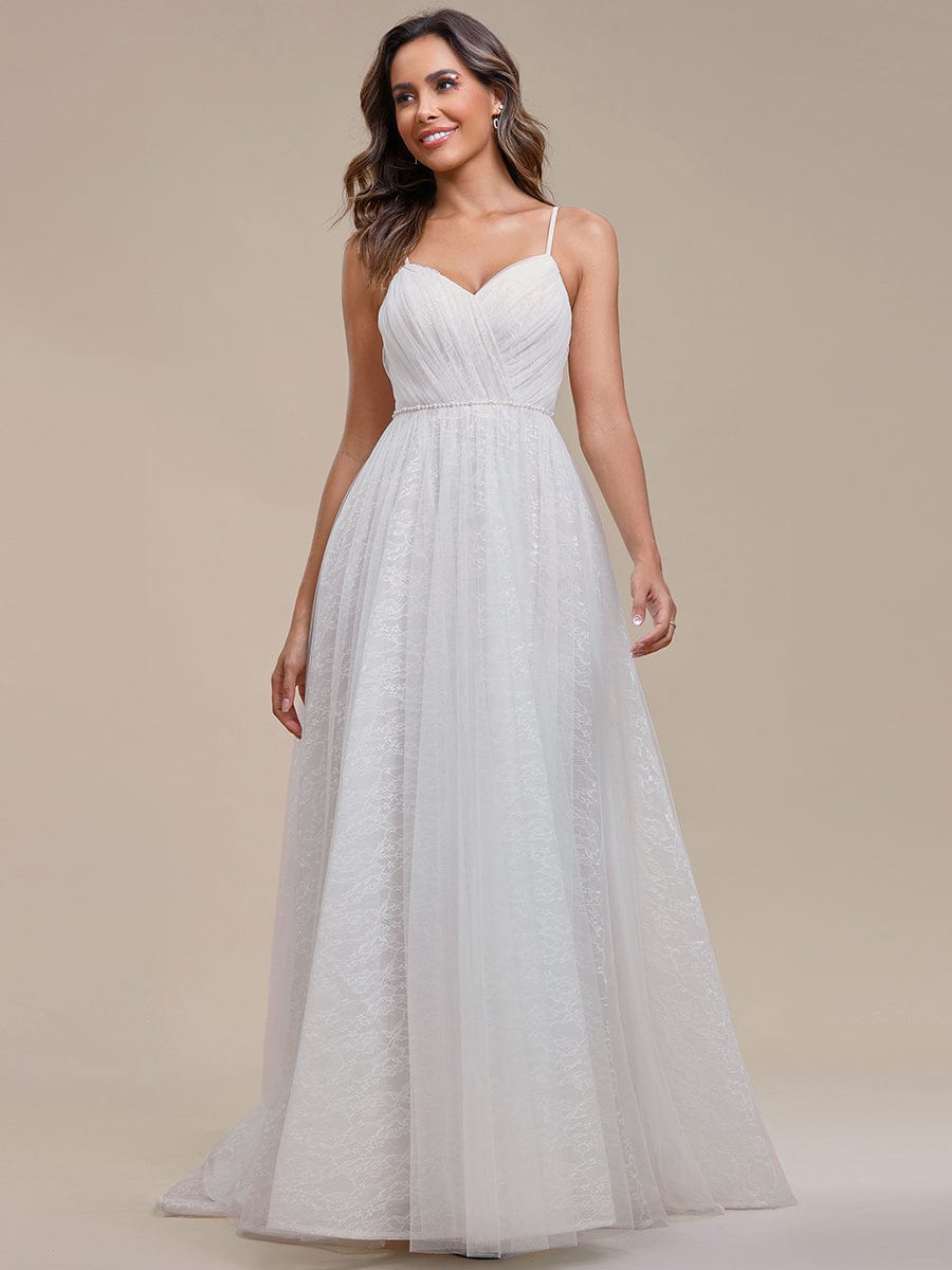 Spaghetti Strap Waist Pearl Sweetheart Collar Tulle Wedding Dress with Lace