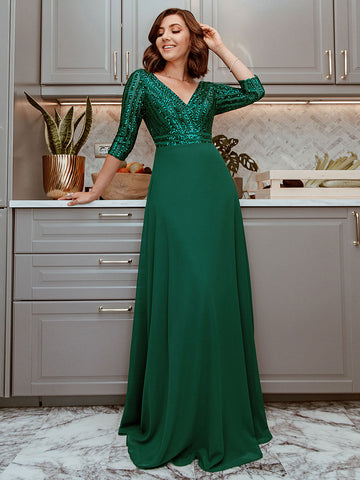 V Neck Sequin Prom Dresses with 3/4 Sleeve