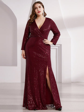 Plus Size Deep V-Neck Sequin Long Sleeves Prom Dress