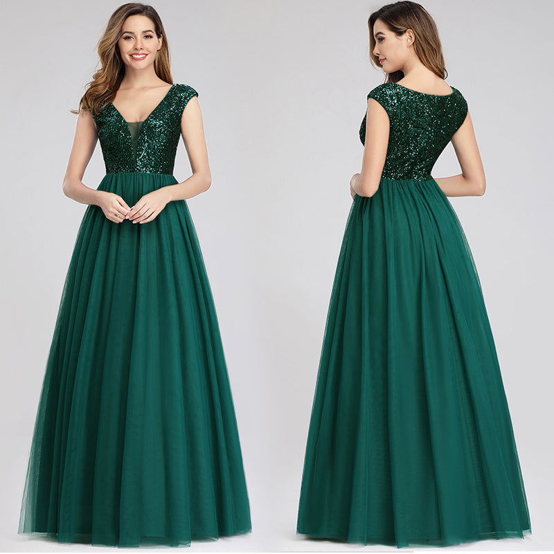 a dark green dress